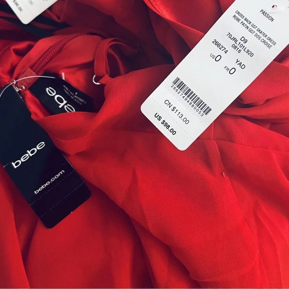 COPY - NWT Bebe Red Passion Cross Back  Cocktail Skater Dress Red Size 2 - Picture 4 of 9